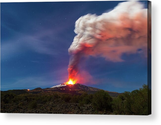 Sicily Acrylic Print featuring the photograph Night eruption of Etna volcano, Sicily by Mirko Chessari