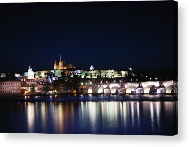 Lamps Acrylic Print featuring the photograph Night view of the old town of Prague with Prague Castle by Vaclav Sonnek