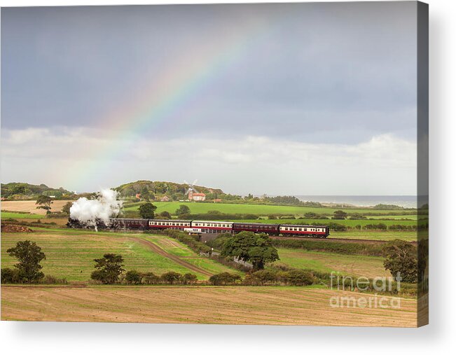 Weybourne Acrylic Print featuring the photograph Norfolk steam train with Weybourne windmill and rainbow by Simon Bratt