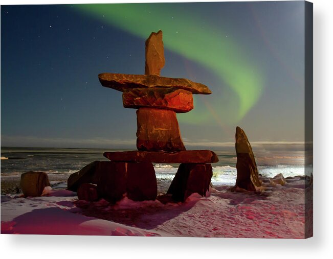 American Acrylic Print featuring the photograph Northern lights and inukshuk on Hudson Bay at night by Karen Foley