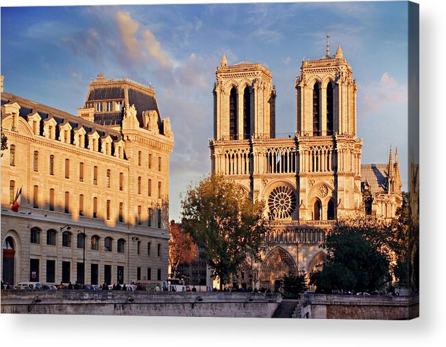 Paris Acrylic Print featuring the photograph Notre Dame Cathedral Evening Time - Paris by Barry O Carroll