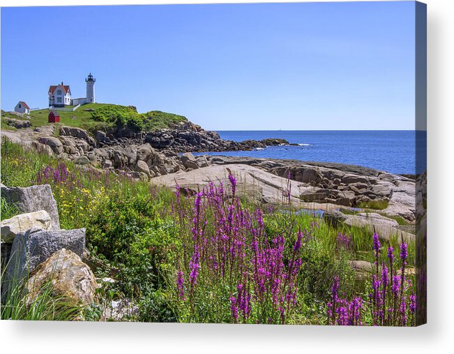 Maine Acrylic Print featuring the photograph Nubble Light Flowers by White Mountain Images