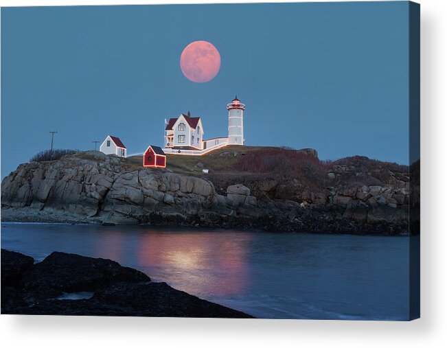 Cape Neddick Acrylic Print featuring the photograph Nubble Lighthouse lit for the season by Jeff Folger