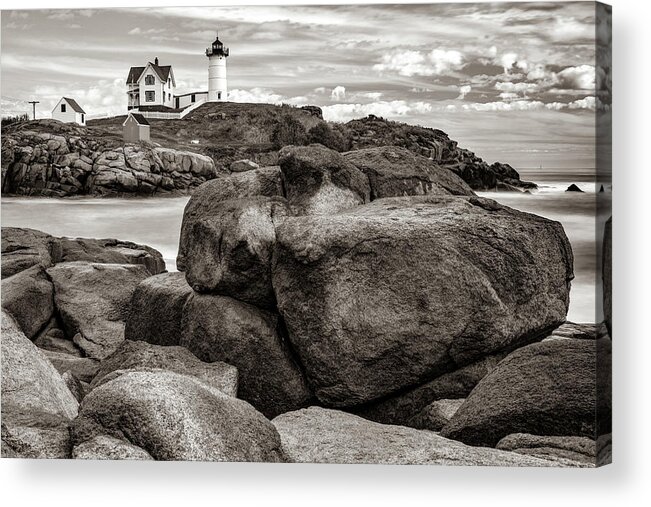 America Acrylic Print featuring the photograph Nubble Lighthouse On the Rocks - York Maine Sepia by Gregory Ballos