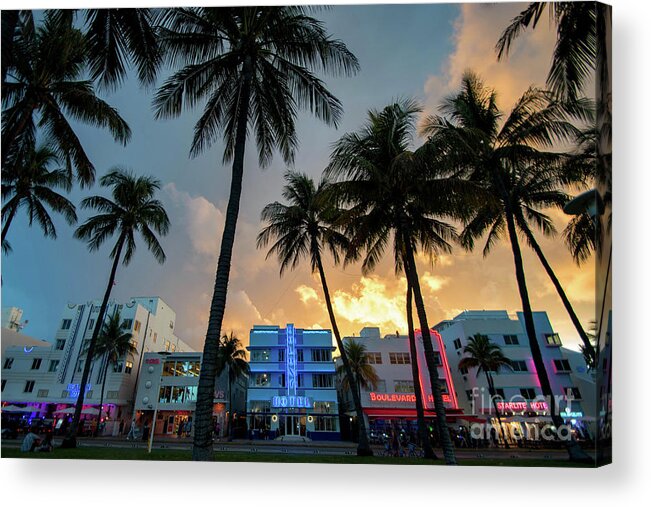 Palm Acrylic Print featuring the photograph Ocean Drive in South Beach Miami at Sunset by Beachtown Views