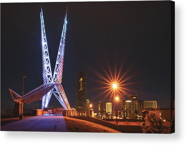 America Acrylic Print featuring the photograph Oklahoma City Skydance Scissortail Bridge and Skyline by Gregory Ballos