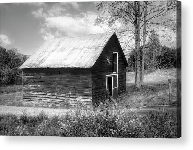 Barns Acrylic Print featuring the photograph Old Barn in Wildflowers in Black and White by Debra and Dave Vanderlaan