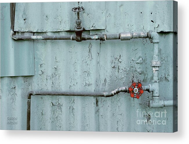 Abstract Acrylic Print featuring the photograph old building photography - Pipes on a Blue Wall by Sharon Hudson