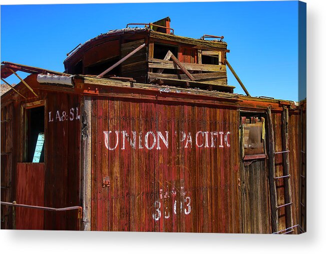 Red Acrylic Print featuring the photograph Old Caboose Rhyolite Ghost Town by Garry Gay