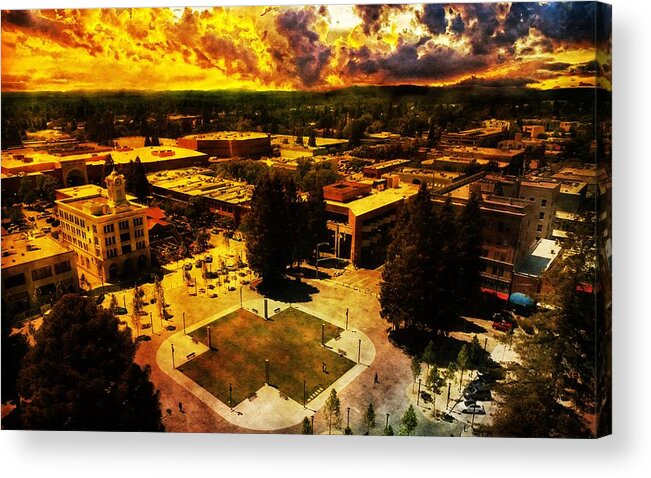 Santa Rosa Acrylic Print featuring the digital art Old Courthouse Square in Santa Rosa, California, seen on sunset by Nicko Prints
