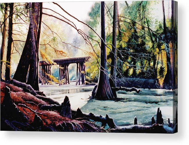 Bridge Acrylic Print featuring the painting Old Railroad Bridge by Randy Welborn