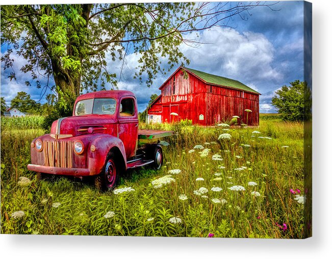 Barn Acrylic Print featuring the photograph Old Red in the Wildflowers by Debra and Dave Vanderlaan