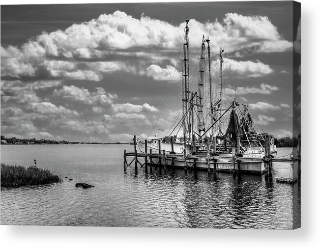 Boats Acrylic Print featuring the photograph Old Shrimp Boats in the Harbor Black and White by Debra and Dave Vanderlaan