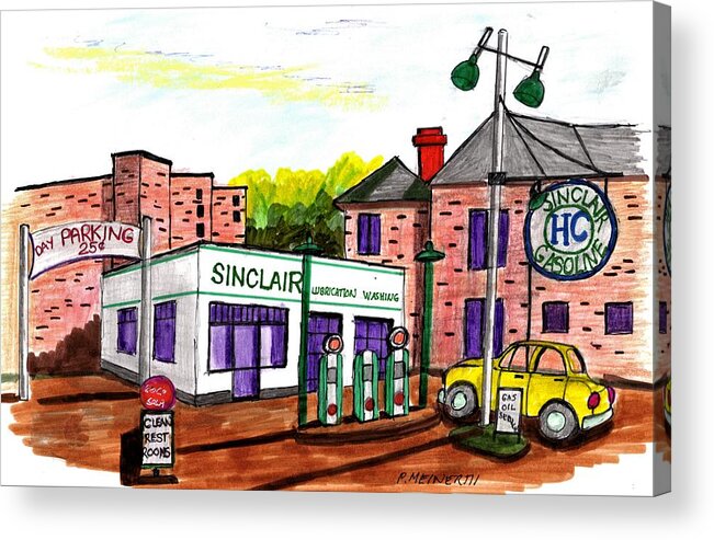 Paul Meinerth Acrylic Print featuring the drawing Old Sinclair Gas Station by Paul Meinerth