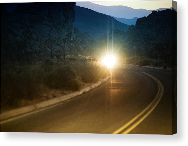 Camping Acrylic Print featuring the photograph Oncoming headlights from a car on desert road by Kjell Linder