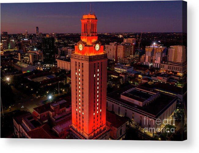Ut Tower Acrylic Print featuring the photograph Orange UT Tower lit with #1 to celebrate a national championship by Dan Herron