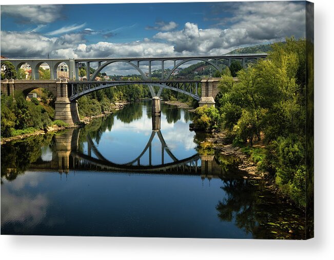 Ourense Acrylic Print featuring the photograph Ourense Camino Rio Minho Bridge by Micah Offman