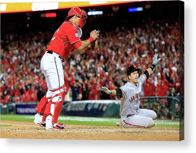 Game Two Acrylic Print featuring the photograph Pablo Sandoval, Wilson Ramos, and Buster Posey by Rob Carr