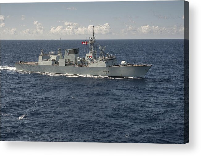 Freight Transportation Acrylic Print featuring the photograph Pacific Ocean, January 11, 2013 - The Canadian frigate HMCS Regina (FFH 334) sails into position for a passing exercise. by Stocktrek Images