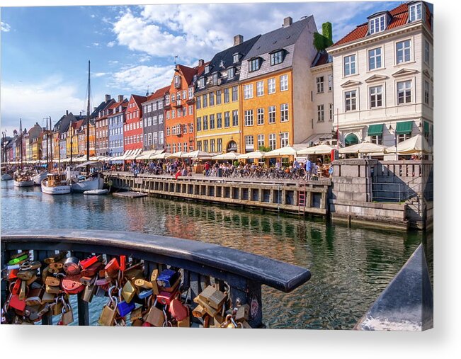 Nordic Acrylic Print featuring the photograph Padlocks and colorful buildings of Nyhavn in Copenhagen, Denmark by Elenarts - Elena Duvernay photo