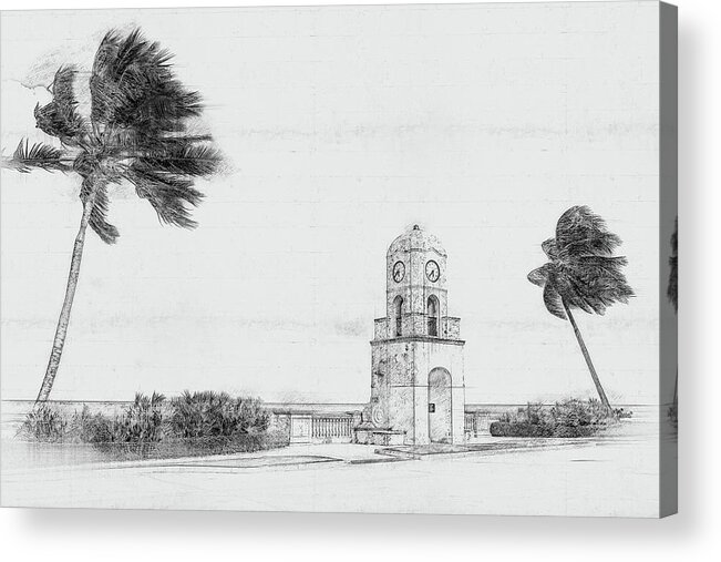 Tower Acrylic Print featuring the digital art Palm Beach Worth Avenue clock tower Florida USA, hand drawn style pencil sketch by Maria Kray