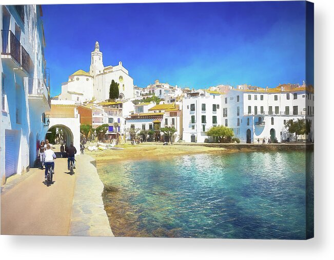 Canvas Acrylic Print featuring the photograph Panoramic view of population of Cadaques - 1 - Watercolor Editio by Jordi Carrio Jamila