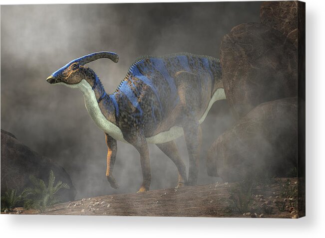 Parasaurolophus Acrylic Print featuring the digital art Parasaurolophus in Fog by Daniel Eskridge