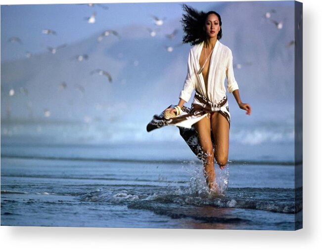 Jewelry Acrylic Print featuring the photograph Pat Cleveland Running On The Beach by Jacques Malignon