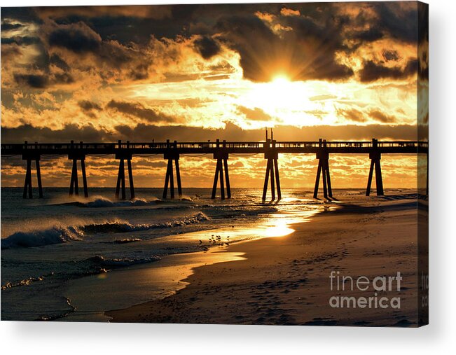 Sun Acrylic Print featuring the photograph Pensacola Beach Fishing Pier at Sunset by Beachtown Views