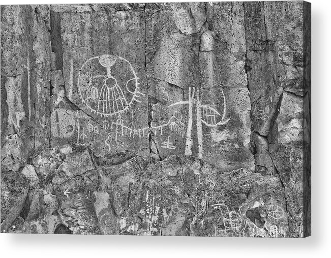 Petroglyphs Acrylic Print featuring the pyrography Petroglyphs Owens Valley California Black-and-white monochrome by Ram Vasudev