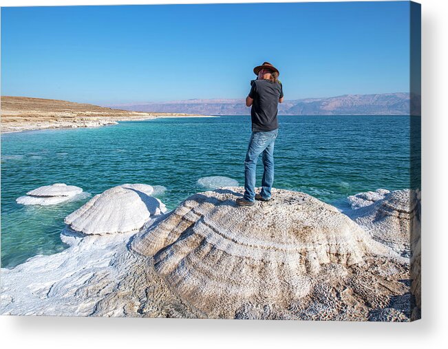 The Dead Sea Acrylic Print featuring the photograph Photographer at the Dead Sea by Dubi Roman