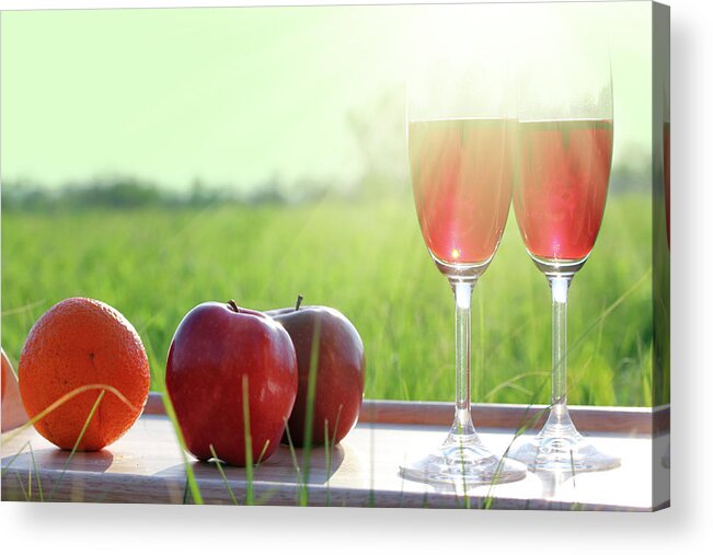 Picnic Acrylic Print featuring the photograph Picnic - Tabe With Wine Fruits And Sun by Mikhail Kokhanchikov