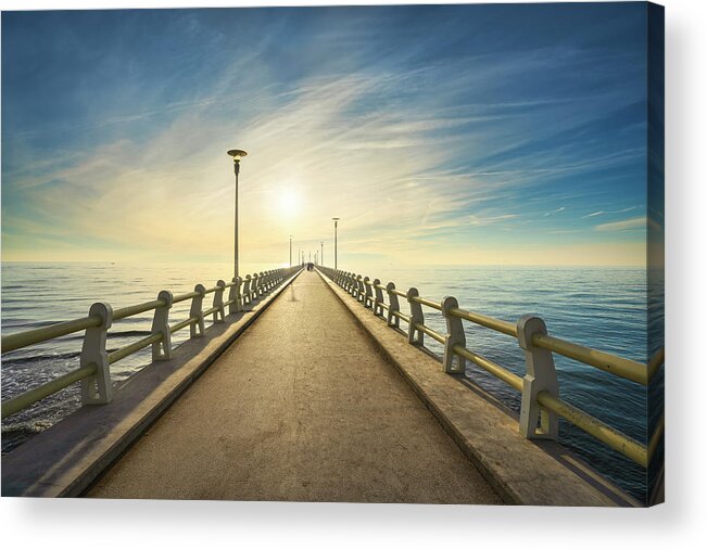 Versilia Acrylic Print featuring the photograph Pier of Forte dei Marmi at sunset by Stefano Orazzini