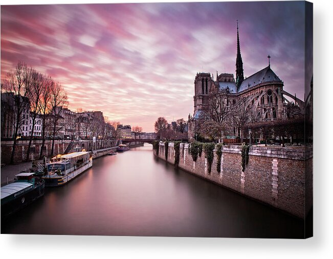 Ile De La Cite Acrylic Print featuring the photograph Pink Sunset of Notre Dame by Serge Ramelli