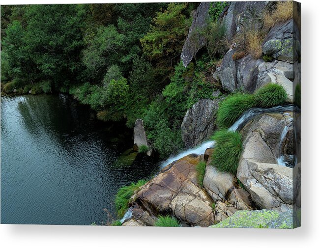 Waterfall Acrylic Print featuring the photograph Poco Negro waterfall from above in Carvalhais 3 by Angelo DeVal