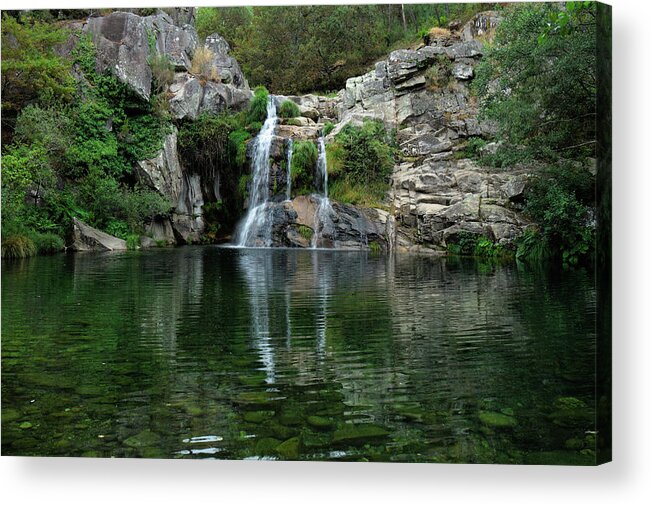 Waterfall Acrylic Print featuring the photograph Poco Negro waterfall scenery in Carvalhais by Angelo DeVal