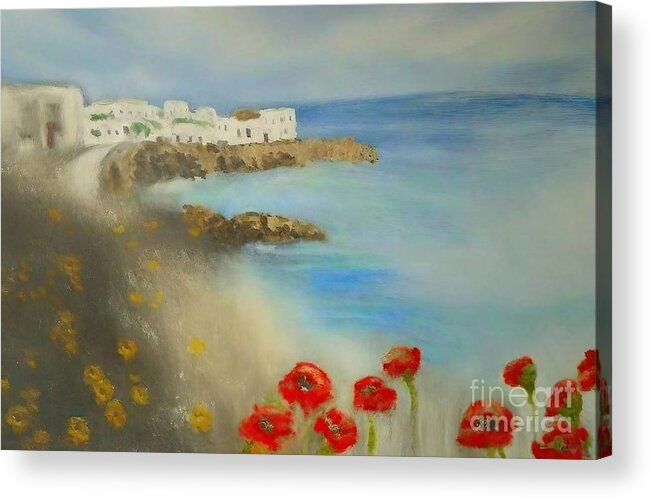 Poppies Acrylic Print featuring the painting Poppies at the seashore Painting poppies seascape seashore sky summer water flowers landscape nature art artistic artwork bloom breeze canvas cliff clouds coast coastline colorful drawing drawing by N Akkash