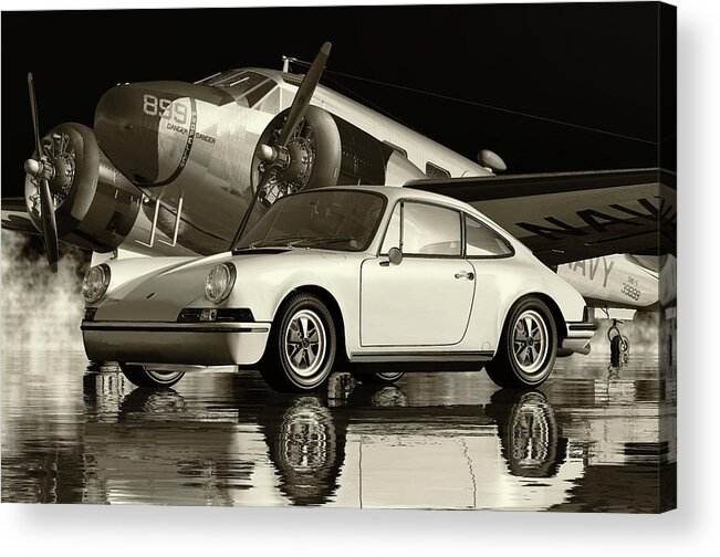Porsche Acrylic Print featuring the digital art Porsche 911 in B and W by Jan Keteleer