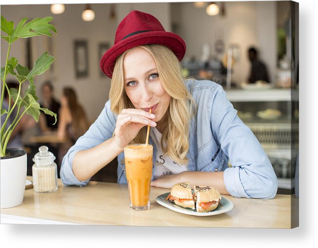 People Acrylic Print featuring the photograph Portrait of smiling woman with smoothies by Oana Szekely