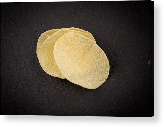 Black Color Acrylic Print featuring the photograph Potato chips on a black by R.Tsubin