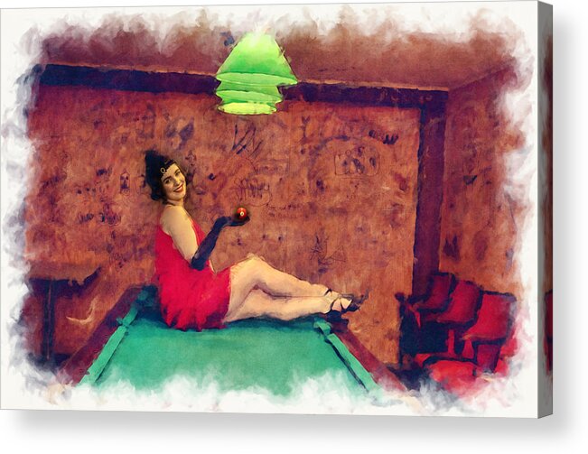 Roaring 20's Acrylic Print featuring the photograph Pretty young woman in roaring 20s outfits on the pool table paintography by Dan Friend