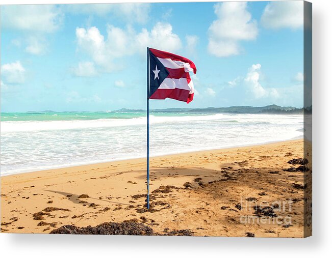 Puerto Acrylic Print featuring the photograph Puerto Rican Flag on the Beach, Pinones, Puerto Rico by Beachtown Views