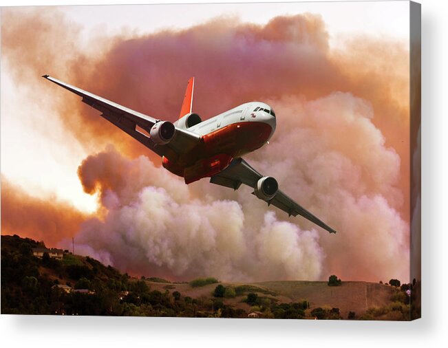 Mcdonnell Douglas Dc-10 Firefighting Aircraft Acrylic Print featuring the mixed media Pulling Up and Away from the Wildfire by Erik Simonsen