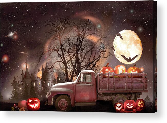 Truck Acrylic Print featuring the photograph Pumpkins under the Halloween Country Moon by Debra and Dave Vanderlaan