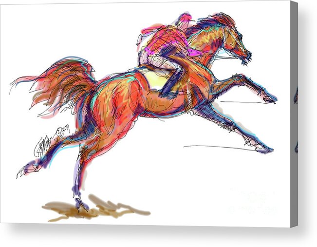 Thoroughbreds; Racehorses; Racing; Horse Race; Jockey; Degas; Contemporary Art; Contemporary Equine Art; Modern Equine Art; Equine Art Cards; Equine Art Gifts; Racehorse Gifts; Race Horse Mugs Acrylic Print featuring the digital art Race Horse for Julie June Stewart by Stacey Mayer