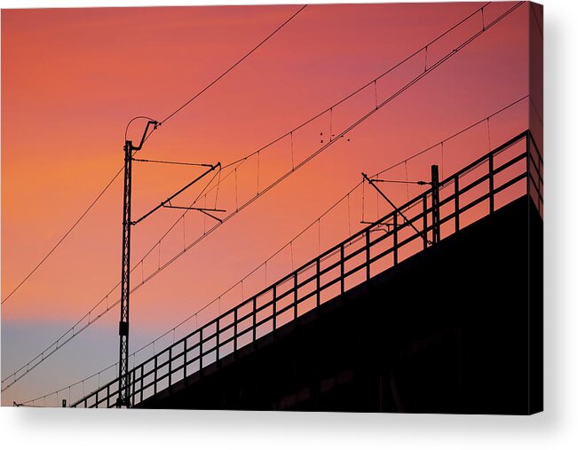 Railway Acrylic Print featuring the photograph Railway Bridge Electric Traction Sunset Silhouette by Artur Bogacki