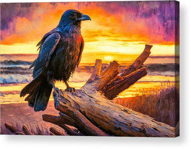 Abstract Acrylic Print featuring the digital art Raven on Driftwood by Craig Boehman