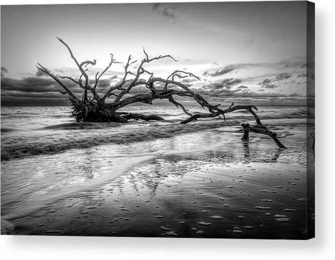 Clouds Acrylic Print featuring the photograph Reaching into the Waves at Driftwood Beach Jekyll Island Black a by Debra and Dave Vanderlaan