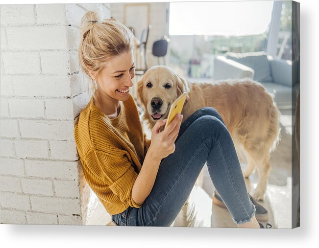 Pets Acrylic Print featuring the photograph Reading morning news online with a company by AleksandarNakic