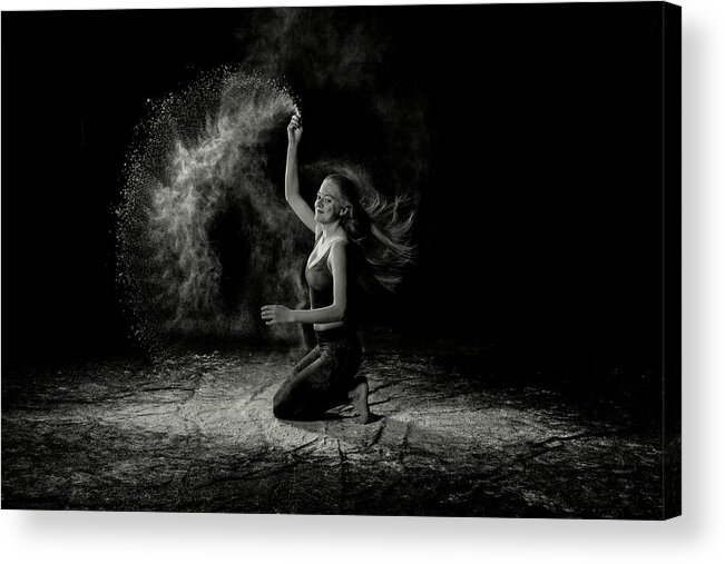 Reagan Acrylic Print featuring the photograph Reagan hand toss flour black and white by Dan Friend